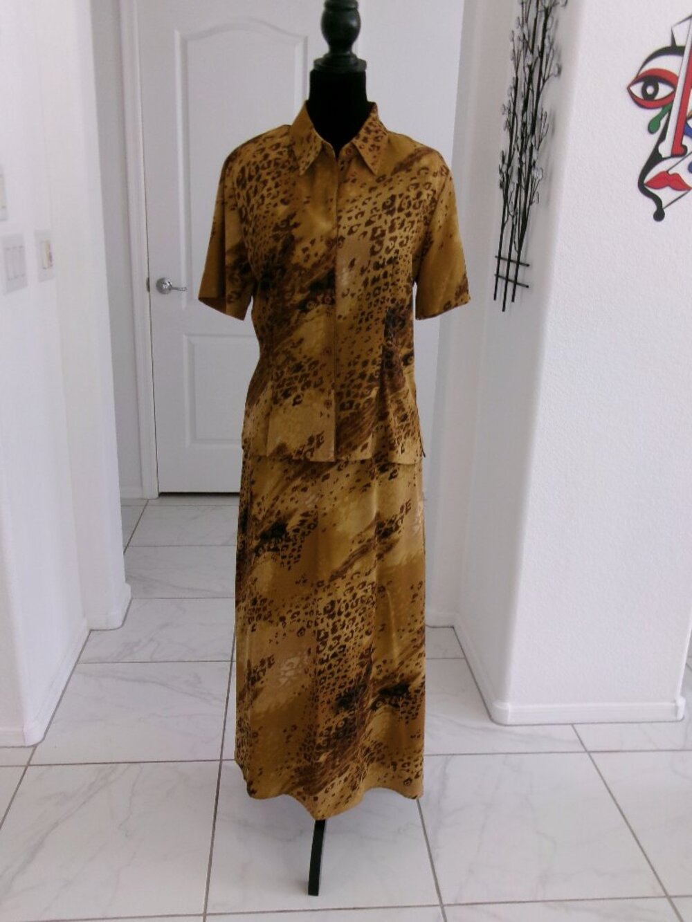 Vintage Emma James 2 Piece Skirt Blouse Set Golden Brown Leopard S SP 4P 6P 10P